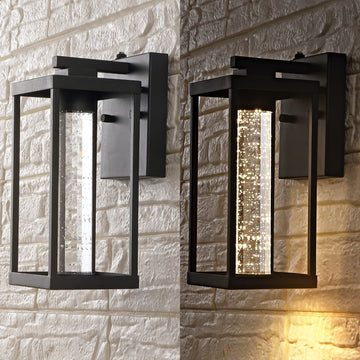 Juno 4.75" Industrial Vintage Iron/Glass Seeded Glass with Dusk-to-Dawn Sensor Integrated LED Outdoor Sconce - JONATHAN Y